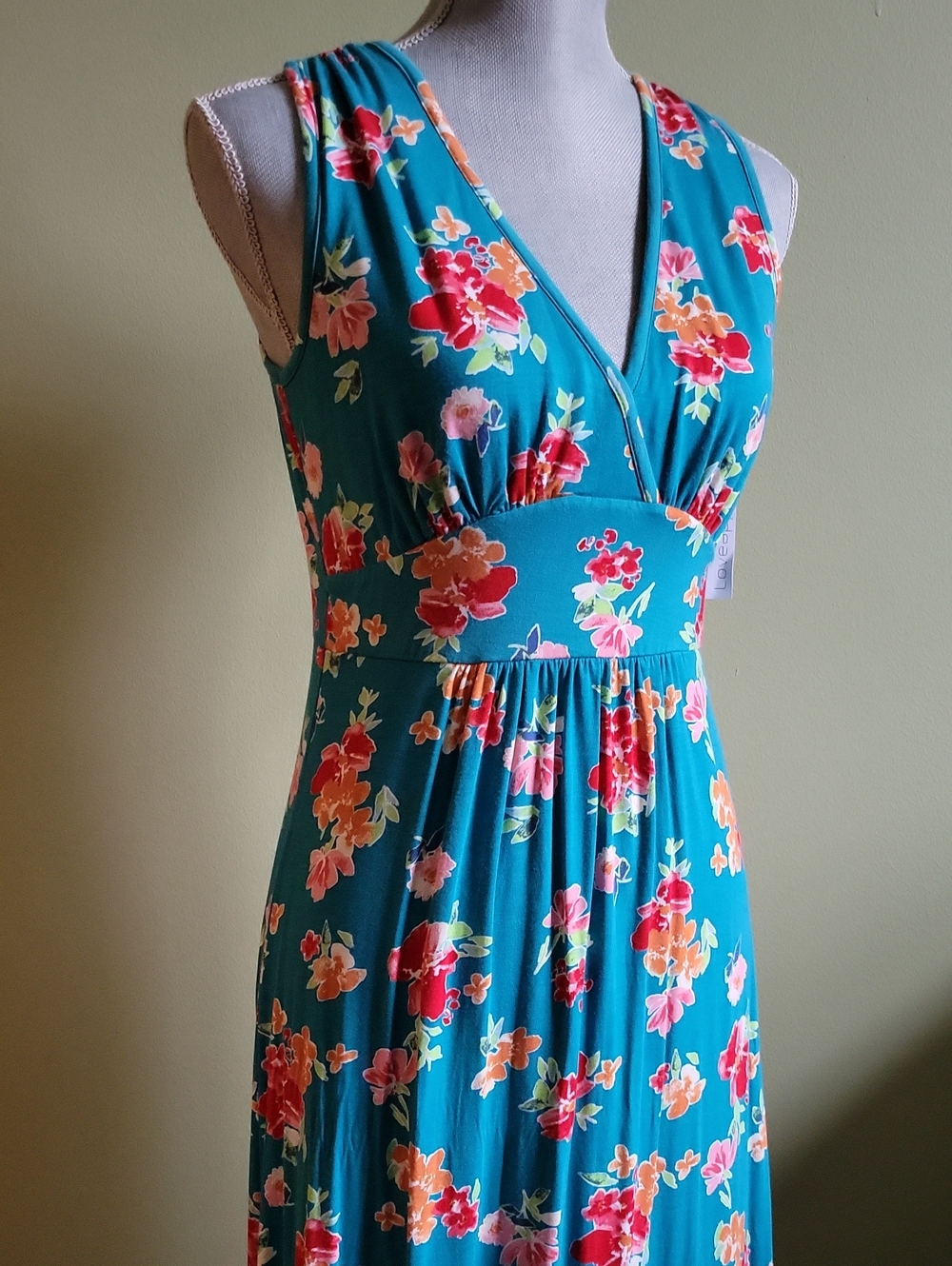 Loveapella Floral V-Neck Maxi Dress in Teal with Pink & Orange Blooms